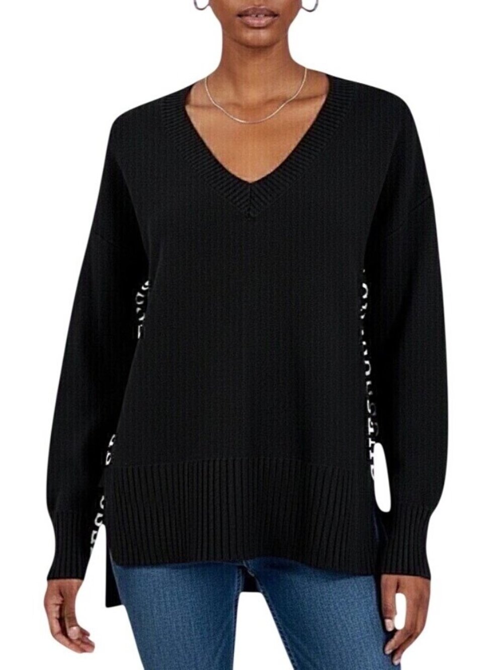 Guess Black V-Neck High-Low Ribbed Trim Logo Knit Sweater XL Y2K 90s Minimalist